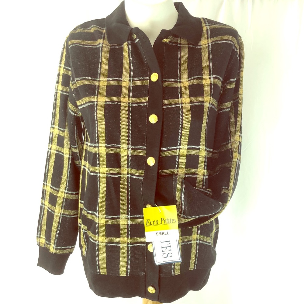Ecco Petites Cardigan Black With Gold Large Plaid